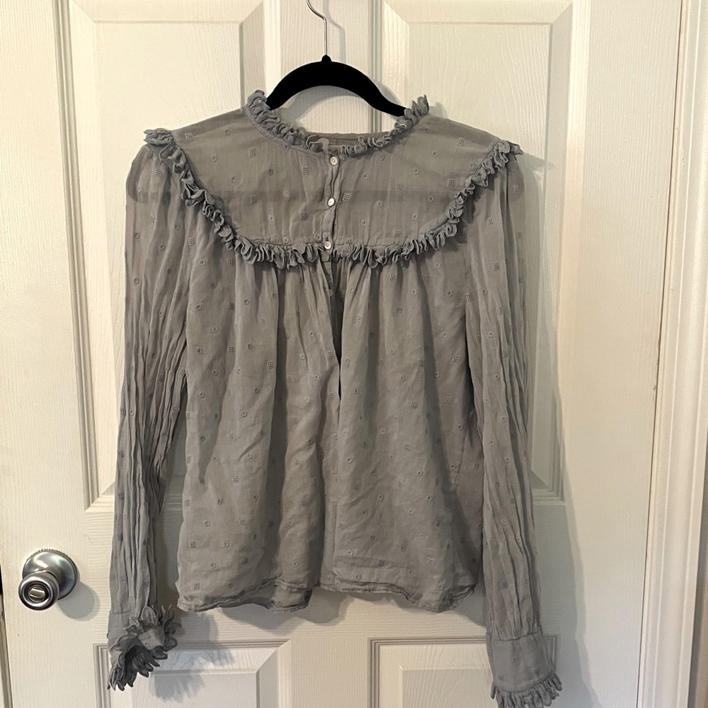 Down blue ruffled button down blouse M